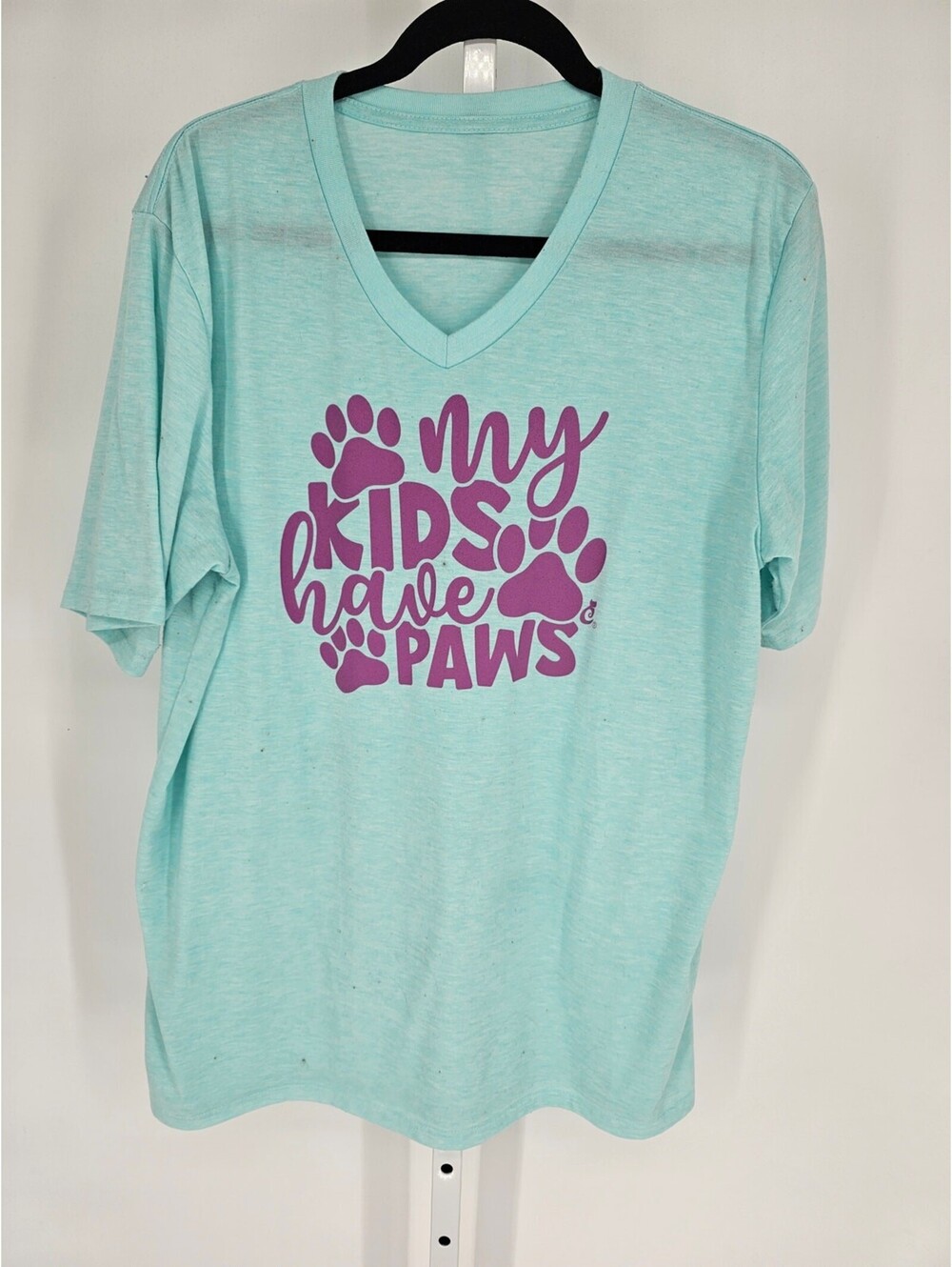 Womens Sz XL Short Sleeve V Neck T Shirt Teal My Kids Have Paws